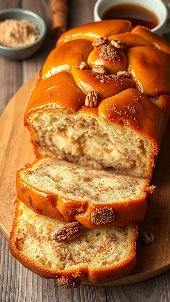 Cinnamon Monkey Bread Loaf Recipe A sliced cinnamon monkey bread loaf with a sweet glaze, served on a wooden table with cinnamon sugar and coffee.